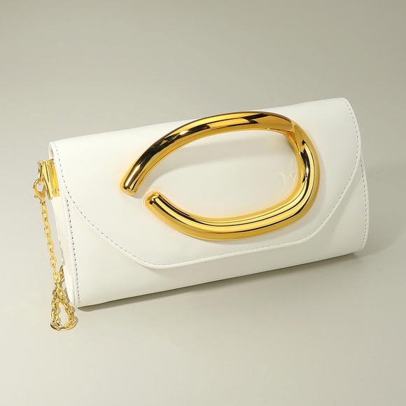 White & Gold Bold Hardware Accent Snake Pattern Vegan Leather Clutch Bag - Picture 1 of 10